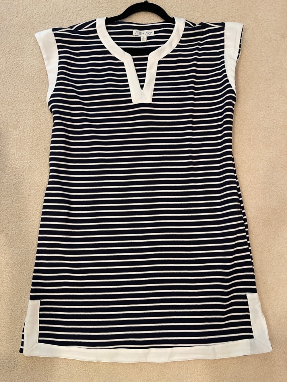 NWOT She + Sky Navy and White Striped Mini Shift Dress